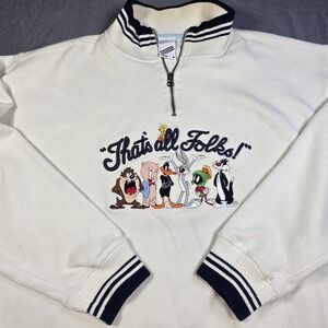 VINTAGE Warner Bros. Looney Tunes That's all Folks 1/4 zip Sweatshirt Medium Y2K